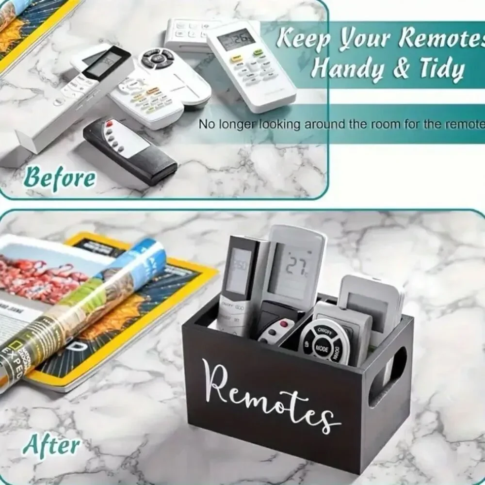 NWT Gorgeous Black Pine Wood Remotes Graphic 2 Slots Minimalist Organizer Holder